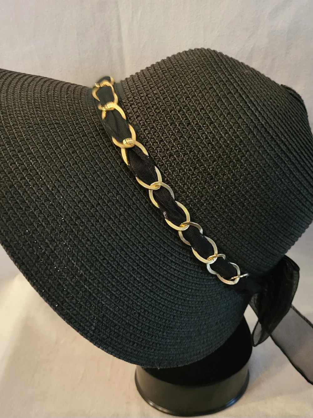 Black Wide Brim Paper Sun Hat Gold Chain Ribbon Bow